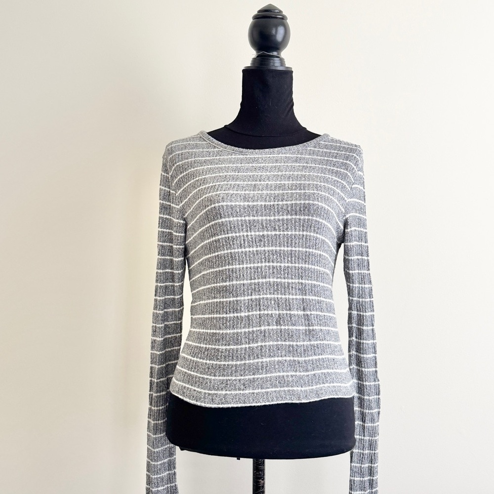 Vintage Brandy Melville Striped Ribbed Long Sleeve Top Grey & White stripe